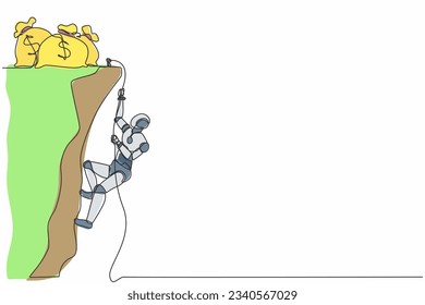 Single one line drawing robot doing rope climbing towards money bag. Future technology development. Artificial intelligence and machine learning processes. Continuous line draw design graphic vector