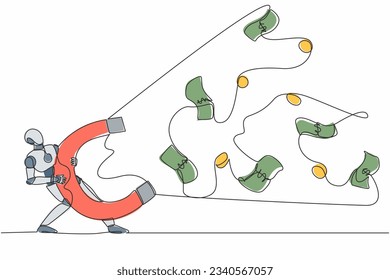 Single one line drawing robot using big magnet to attract money. Future technology development. Artificial intelligence and machine learning. Continuous line draw design graphic vector illustration