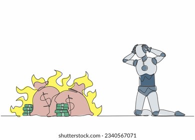 Robot de dibujo de una sola línea arrodillado. Las finanzas se están agotando. Crisis financiera global. Tecnología futura. Aprendizaje artificial de máquinas de inteligencia. Ilustración vectorial de diseño gráfico de línea continua