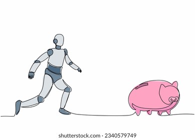 Single one line drawing robot chase piggy bank. Taking profit in bullish market. Future technology. Artificial intelligence machine learning processes. Continuous line draw design vector illustration