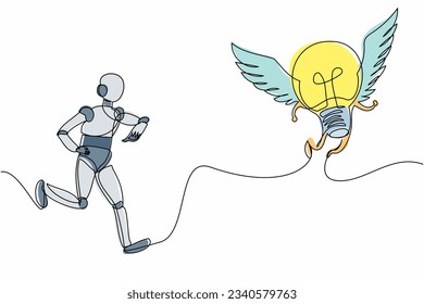 Single one line drawing robot chasing flying light bulb. Searching creativity, new invention. Future technology development. Artificial intelligence. Continuous line graphic design vector illustration
