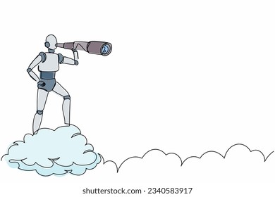 Single one line drawing robot on cloud holding binocular to search for business innovation. Future technology development. Artificial intelligence. Continuous line design graphic vector illustration
