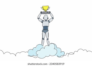 Single one line drawing robot holding trophy in cloud. Celebrates victory in sky. Future technology development. Artificial intelligence machine learning. Continuous line design vector illustration