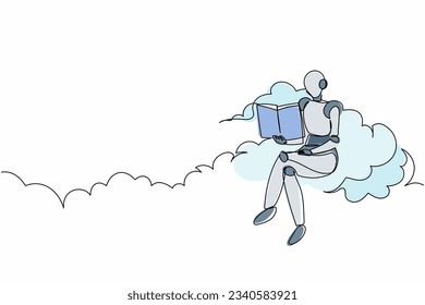Single one line drawing robot sitting on cloud reading book. Study literature. Future technology development. Artificial intelligence machine learning. Continuous line draw design vector illustration