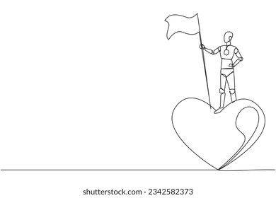 Dibujo de una sola línea de un robot parado sobre un símbolo gigante que sostiene la bandera de la victoria. Robot como un hombre que puede hacer caridad. Robótica futura. Inteligente. Ilustración gráfica de diseño de línea continua