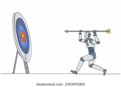 Un robot de dibujo de una sola línea señala una gran flecha en el objetivo. Logro de los objetivos. Desarrollo tecnológico futuro. Inteligencia artificial y aprendizaje automático. Ilustración vectorial de dibujo de línea continua