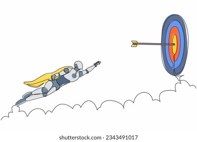 Robot de dibujo de una sola línea con capa que vuela hacia el objetivo. Éxito empresarial, liderazgo. Tecnología futura. Aprendizaje artificial de máquinas de inteligencia. Ilustración vectorial de dibujo de línea continua