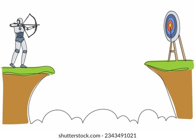 Robot de dibujo de una sola línea sobre un acantilado con arquero en la mano. Objetivo comercial. Tecnología futura. Inteligencia artificial y aprendizaje automático. Ilustración vectorial de dibujo de línea continua