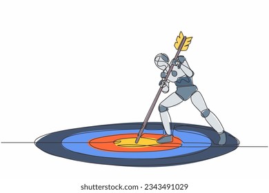 Single one line drawing robot mark goal with arrow. Robot holding arrow, hit target on ground. Future technology. Artificial intelligence machine learning. Continuous line design vector illustration