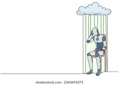 Single one line drawing robot sitting on chair under rain cloud. Future technology development. Artificial intelligence and machine learning processes. Continuous line draw design vector illustration