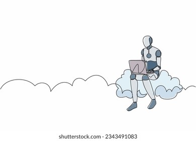 Robot de dibujo de una sola línea sentado en la nube en el cielo y trabajando con una laptop. Desarrollo tecnológico futuro. Aprendizaje artificial de máquinas de inteligencia. Ilustración gráfica de dibujo de línea continua