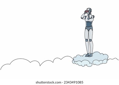 Single one line drawing robot on cloud holding binocular to search for business visionary. Future technology development. Artificial intelligence. Continuous line design graphic vector illustration