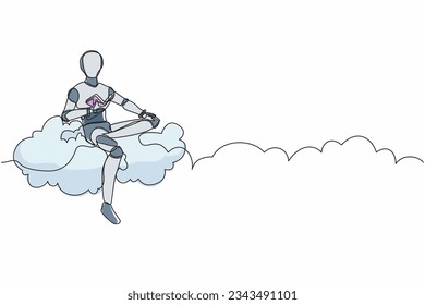 Single one line drawing robot relaxes and sitting on cloud reading book. Future technology development. Artificial intelligence and machine learning. Continuous line draw design vector illustration