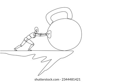 Single one line drawing robot pushes the large kettlebell down from the edge of the cliff. Exercise increases power. Future technology development concept. Continuous line design graphic illustration