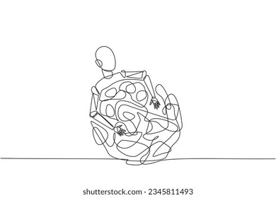 Single one line drawing robot hugging tangled circle. It's a long process that makes anxiety to succeed of making the perfect robot. Future technology. Continuous line design graphic illustration