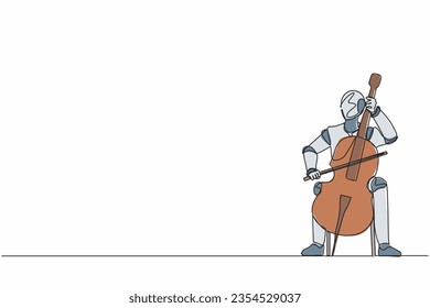 Single one line drawing robot playing stringed contrabass or cello. Future technology development. Artificial intelligence and machine learning. Continuous line draw design graphic vector illustration
