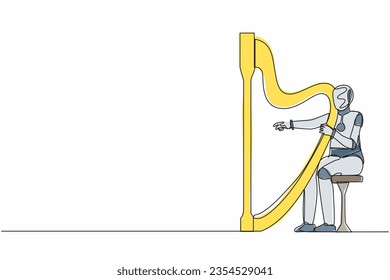 Single one line drawing robot sitting and playing harp at classic music festival. Future technology development. Artificial intelligence machine learning. Continuous line design vector illustration