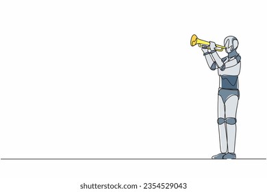 Single one line drawing robot playing trumpet at jazz music orchestra. Future technology development. Artificial intelligence and machine learning processes. Continuous line design vector illustration