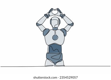 Single one line drawing robot standing and making love sign heart symbol and fingers over head  Technology development  Artificial intelligence  Continuous line design graphic vector illustration