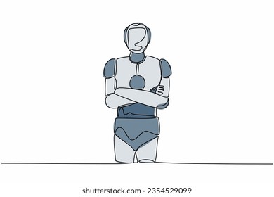 Single one line drawing robot standing with folded arms pose. Future technology development. Artificial intelligence machine learning processes. Continuous line draw design graphic vector illustration