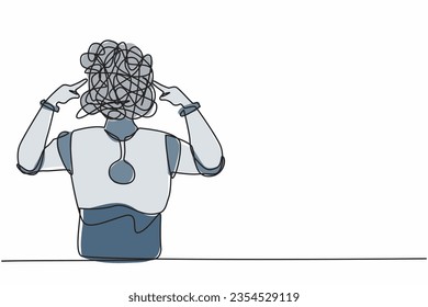Robot de dibujo de una sola línea con garabatos redondos en lugar de la cabeza, cubriendo las orejas con los dedos para mayor ruido. Desarrollo tecnológico futuro. Ilustración vectorial de diseño de línea continua moderna