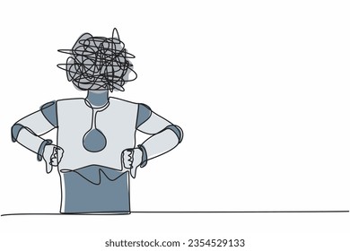 Robot de dibujo de una sola línea con garabatos redondos en lugar de la cabeza, mostrando el signo de abajo, no me gusta, la expresión negativa. Desarrollo tecnológico futuro. Ilustración vectorial de diseño de línea continua