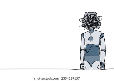 Single one line drawing robot with round scribbles instead of head, frustrated. Anxiety, confusion in thoughts. Future technology development. Continuous line draw design graphic vector illustration
