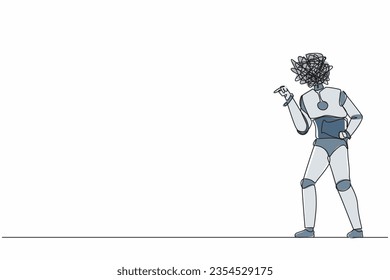 Un robot de dibujo de una sola línea con garabatos redondos en lugar de la cabeza, conflictivo, lucha agresiva. Culpar, criticar. Robot humanoide organismo cibernético. Ilustración vectorial de diseño de línea continua