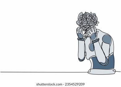 Robot de dibujo de una sola línea con garabatos redondos en lugar de la cabeza, sufre dolor de cabeza, carga de trabajo. Inteligencia artificial y procesos de aprendizaje automático. Ilustración vectorial de dibujo de línea continua