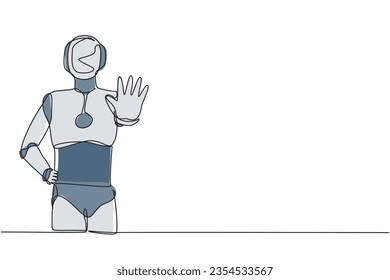 Robot de dibujo de una sola línea parado con la palma como señal de parada, permanencia, espera, gesto de rechazo. Desarrollo tecnológico futuro. Inteligencia artificial. Ilustración vectorial de dibujo de línea continua