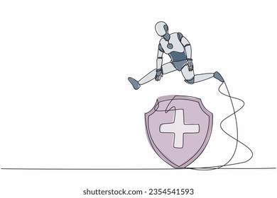 Single one line drawing robot jump over big shield. Protection, insurance, from business danger. Future technology development. Artificial intelligence. Continuous line draw design vector illustration