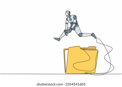 Single one line drawing robot jumping over big folder icon. User data archive. Office paper document, file folders. Future technology development. Continuous line design graphic vector illustration