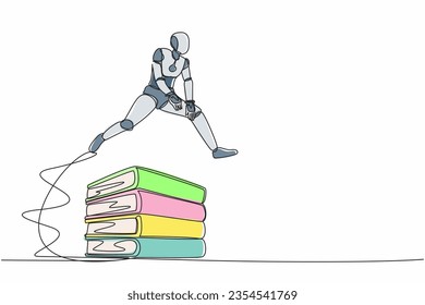 Robot de dibujo de una sola línea saltando sobre una pila de grandes aglutinantes. Documento de trabajo en papel. Clasificación de la información. Desarrollo tecnológico futuro. Ilustración vectorial de dibujo de línea continua