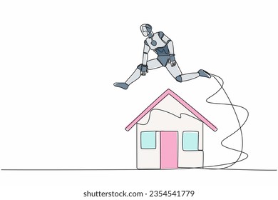 Robot de dibujo de una sola línea saltando sobre la casa. Inversión inmobiliaria en préstamos para vivienda. Desarrollo tecnológico futuro. Inteligencia artificial. Ilustración gráfica de diseño de trazos de línea continua