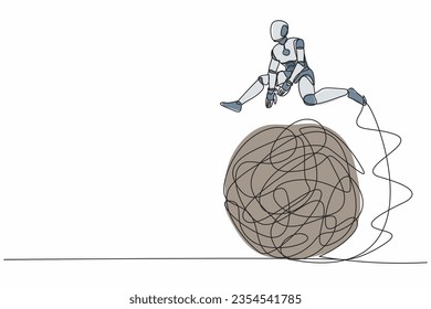 Single one line drawing robot jumping over tangled scribble. Overcoming complexity of problem. Future technology development. Artificial intelligence. Continuous line draw design vector illustration