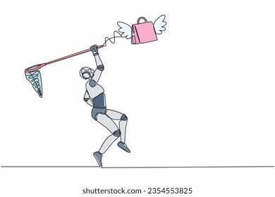 Single one line drawing robot try to catching flying shopping bag with butterfly net. Commercial retail fashion. Future technology. Artificial intelligence. Continuous line design vector illustration