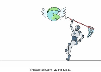 Single one line drawing robot try to catching flying globe with butterfly net. Business trip and travel with technology. Future technology development. Continuous line draw design vector illustration