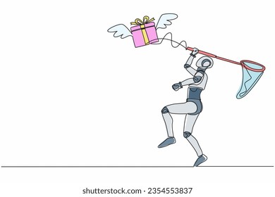 Single one line drawing robot try to catching flying gift box with butterfly net. Winged gift box, package. Future technology. Artificial intelligence. Continuous line draw design vector illustration