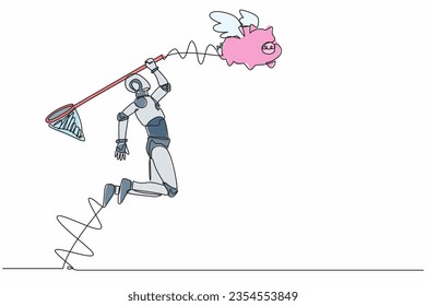 Single one line drawing robot try to catching flying piggy bank with butterfly net. Losing money saving for tech investment. Technology development. Continuous line design graphic vector illustration