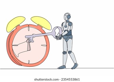 Single one line drawing robot putting big key into alarm clock. Deadline work to finish. Time management. Future technology development. Modern continuous line draw design graphic vector illustration
