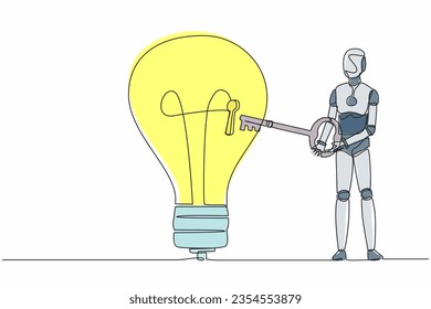 Un robot de dibujo de una sola línea pone una gran llave en la bombilla. Desbloquear la innovación en la idea de negocios. Desarrollo tecnológico futuro. Inteligencia artificial. Ilustración vectorial de dibujo de línea continua