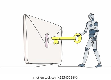 Single one line drawing robot putting big key into mail. Digital message protection or email security system. Future technology development. Continuous line draw design graphic vector illustration