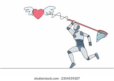 Single one line drawing robot try to catching flying heart with butterfly net. Love relationship with technology. Future technology. Artificial intelligence. Continuous line design vector illustration