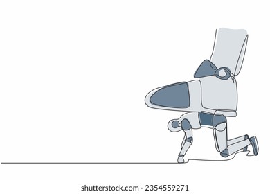 Single one line drawing robot crawling under giant foot trample. Robot oppressed by the boss with under big shoe. Future technology development. Continuous line draw design graphic vector illustration