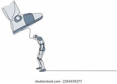 Single one line drawing robot standing weak under huge boot shoe, being fired from company. Future technology development. Artificial intelligence. Continuous line design graphic vector illustration