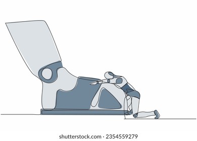 Single one line drawing of robot kneeling a giant foot or shoe. Robot apologize to boss. Future technology development. Artificial intelligence. Continuous line draw design graphic vector illustration