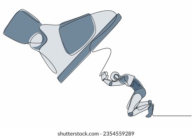 Single one line drawing robot kneel down under giant feet. Concept for authority, exploitation, dictator figure. Future technology development. Continuous line draw design graphic vector illustration