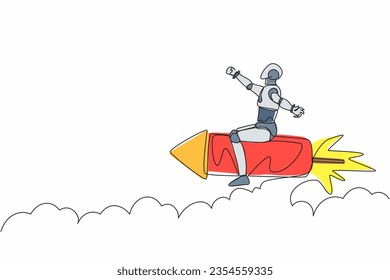 Single one line drawing robot flying high riding firework rocket. Future technology development. Artificial intelligence machine learning processes. Continuous line design graphic vector illustration