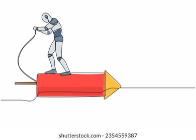 Single one line drawing robot standing on the firework rocket and ignite it to boost machine learning process. Modern robotic artificial intelligence. Continuous line draw design vector illustration