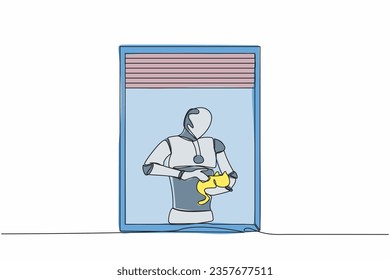 Single one line drawing of robot with plant holding cat and looking through window. Robotic artificial intelligence. Electronic technology industry. Continuous line design graphic vector illustration